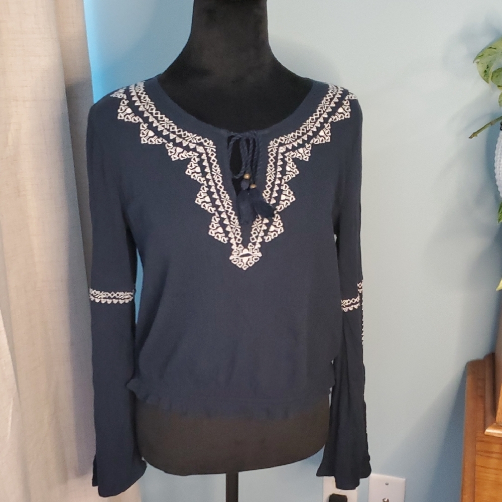 Hollister Navy Boho Top With Embroidery M